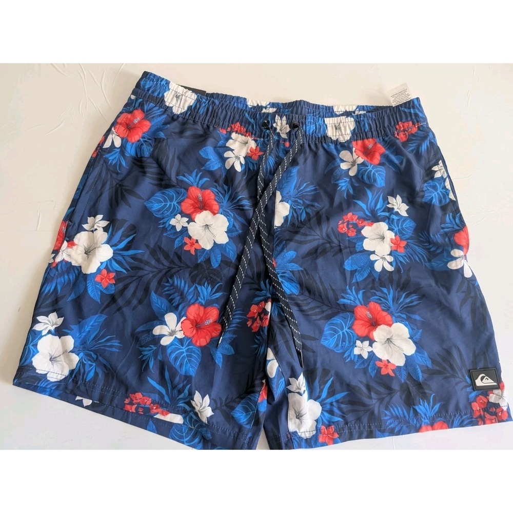 Quicksilver Shorts Mens L Blue Swimwear Lined Elastic Waist Beach Floral